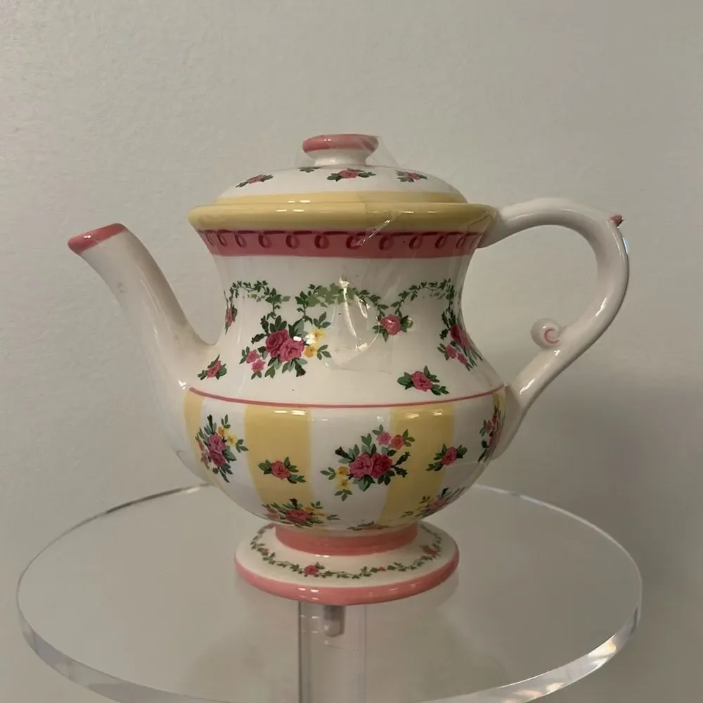 Laura Ashley ceramic floral pink yellow tea pitcher kettle